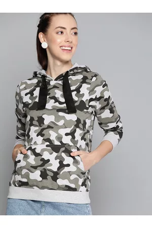 HERE&NOW Women Grey Melange & Olive Green Camouflage Print Hooded Sweatshirt