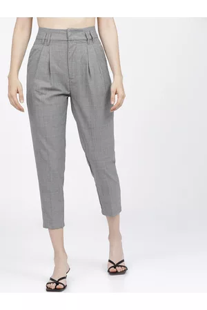Tokyo Talkies Women Grey Checked High-Rise Pleated Formal Trousers