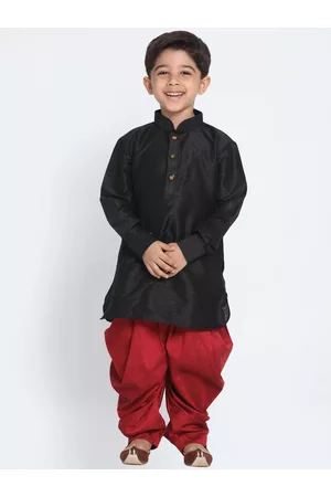 Vastramay Boys Black and Maroon Silk Blend Kurta and Dhoti Set