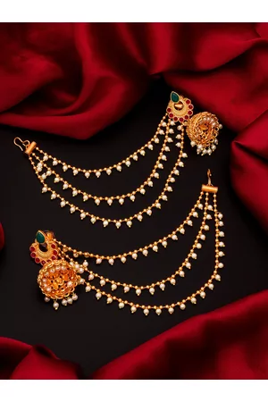 Aadita Women Gold-Toned & Green Dome Shaped Jhumkas Earrings With Layered Hair Chain