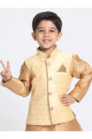 Vastramay Boys Gold Silk Blend Woven Nehru Jacket