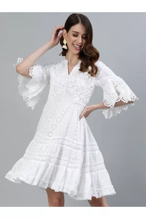 Ishin Women White Schiffli Embroidered Fit & Flare Dress