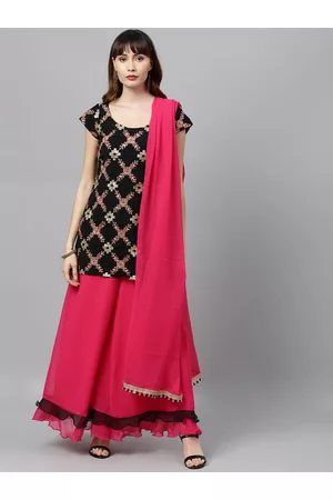 Ethnovog Women Black Pink Embroidered Sequinned Made to Measure Kurta Set