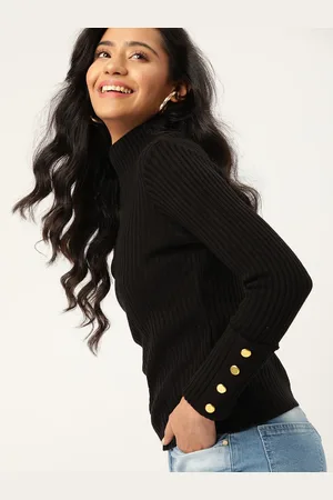 DressBerry Women Black Ribbed Pullover