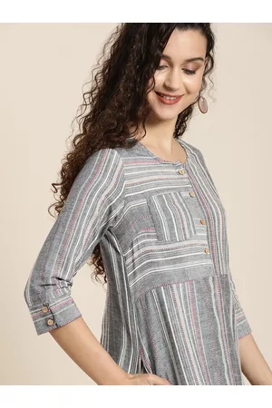 Taavi Women Grey & White Striped Woven Legacy A-line Dress with Pocket