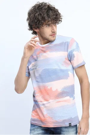LocoMotive Men White & Orange Dyed Slim Fit Cotton Round Neck T-shirt