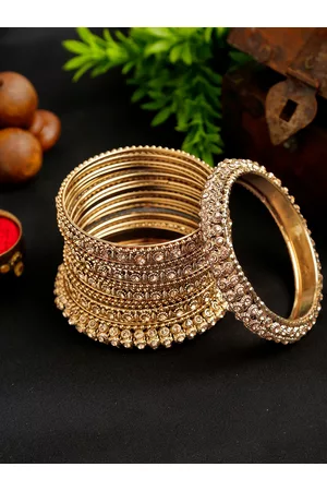 YouBella Set of 14 Antique Gold-Plated Stone-Studded Textured Bangles