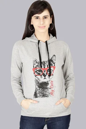 Fleximaa Women Grey Printed Hooded Sweatshirt
