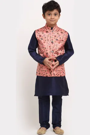 Kraft Boys Navy Blue Floral Dupion Silk Kurta with Pyjamas & Nehru Jacket