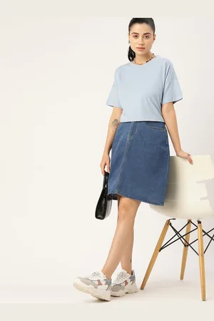 DressBerry Blue Solid Casual Denim Straight Skirt