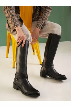 SAINT G. Women Black Leather Buckle Wrap Strap Black Leather Knee High Boots