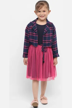 Nauti Nati Girls Navy Blue & Pink Colourblocked Net Fit and Flare Dress with Belt & Jacket