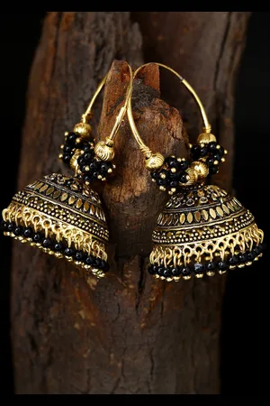 ANIKAS CREATION Black & Gold-Plated Enamelled Dome Shaped Jhumkas