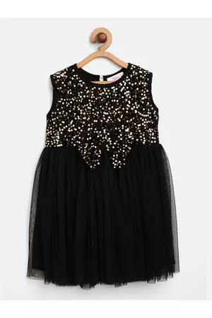Bella Moda Girls Black & Golden Sequinned Fit & Flare Dress