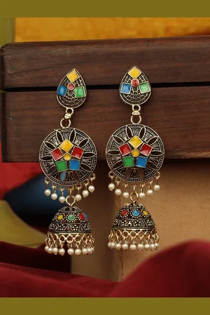 ANIKAS CREATION Gold-Toned & Multicoloured Contemporary Jhumkas Earrings