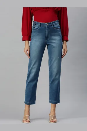 SHOWOFF Women Blue Straight Fit High-Rise Low Distress Light Fade Stretchable Jeans