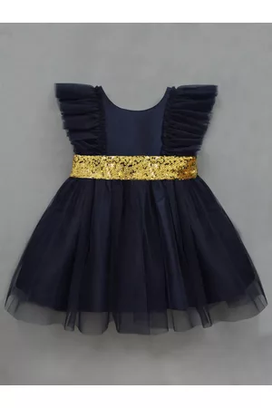 A.T.U.N. A T U N Girls Navy Blue Net Fit & Flare Party Dress With Flutter Sleeves