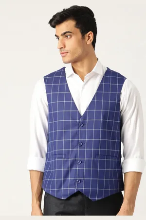 SOJANYA Men Navy Blue & Off-White Checked Waistcoat