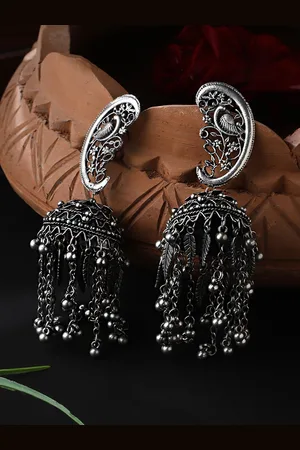 Cardinal Silver-Toned Dome Shaped Jhumkas Earrings