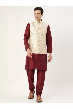 SOJANYA Men Maroon & Off-White Solid Kurta with Churidar & Nehru Jacket