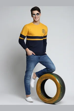 Difference of Opinion Men Mustard-Coloured & Navy Blue Colourblocked Round Neck T-shirt