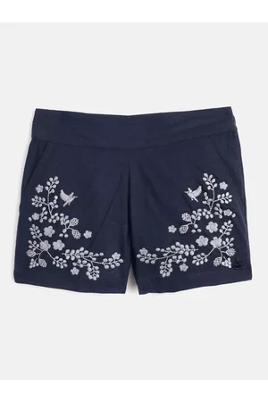 Cherry Crumble Girls Navy Blue & Grey Floral Embroidered Cotton Regular Fit Shorts