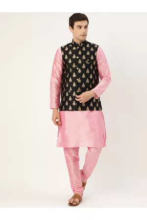 SOJANYA Men Pink & Black Solid Kurta with Churidar & Nehru Jacket