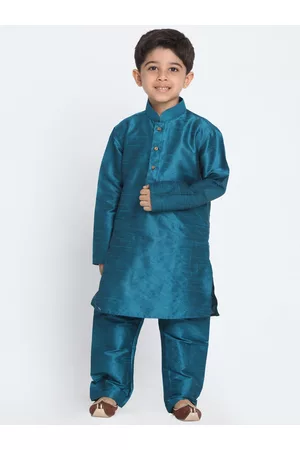 Vastramay Boys Teal Solid Cotton Silk Kurta with Trousers