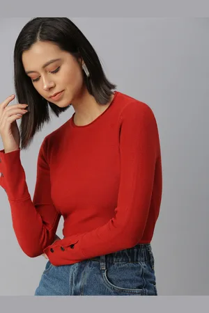 SHOWOFF Women Rust Solid Round Neck Regular Top
