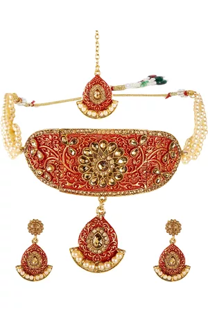 ANIKAS CREATION Gold Plated Red Choker Necklace with Earrings And Maangtika