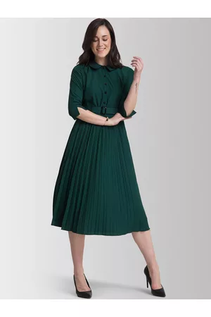 FableStreet Women Green Solid Fit and Flare Dress