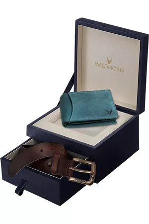 WildHorn Men Brown & Blue RFID Protected Genuine Leather Accessory Gift Set