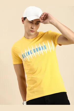 Being Human Men Yellow & White Typography Printed Pure Cotton T-shirt