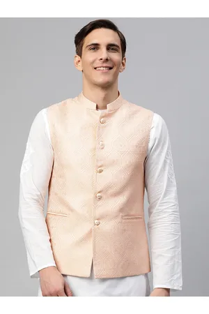 MANQ Men Peach-Coloured Ethnic Motifs Jaquard Woven Design Nehru Jacket