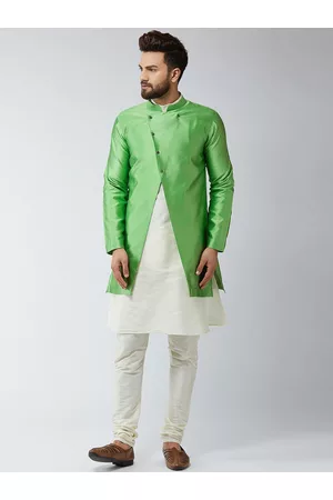 SOJANYA Men Off White & Green Self-Design Sherwani Set