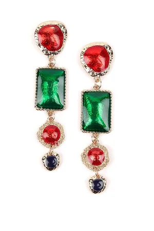Alberre Odette Gold-Plated Red & Green Geometric Drop Earrings