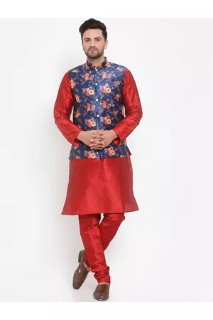 Kraft Men Red Kurta & Churidar with Printed Nehru Jacket
