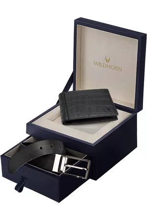 WildHorn Men Black RFID Protected Genuine Leather Wallet & Belt Accessory Gift Set