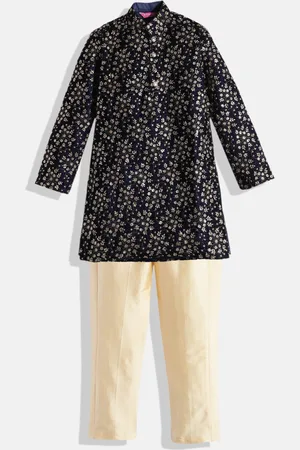 Ethnovog Boys Navy Blue Beige Made To Measure Sequined Velvet Kurta with Pyjamas