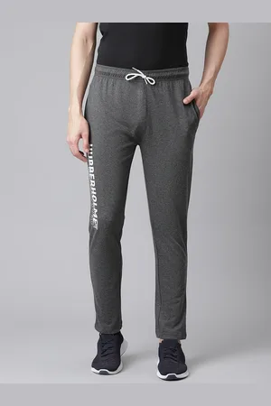 men charcoal grey brand logo printed slim fit knitted track pants