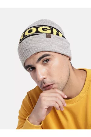 WROGN Unisex Grey & Black Acrylic Self Design Brand Logo Beanie