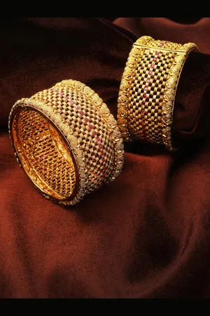 Adwitiya Collection Set of 2 24CT Gold-Plated & Pink Stone-Studded Handcrafted Bangles