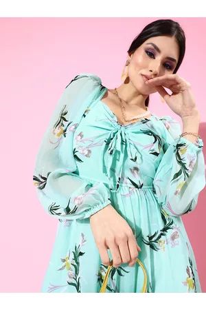 ATHENA Women Stunning Blue Floral Sweetheart Neck Dress