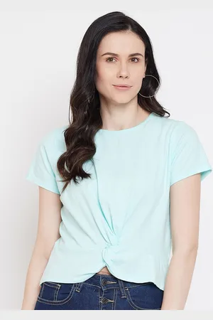 Imfashini Women Turquoise Blue Solid Round Neck Front Twisted T-shirt