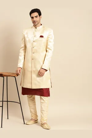 KISAH Men Beige & Maroon Woven Design Indowestern Sherwani Set