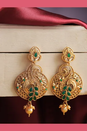 Jewels Galaxy Green Antique Gold-Plated Stone-Studded Classic Drop Earrings