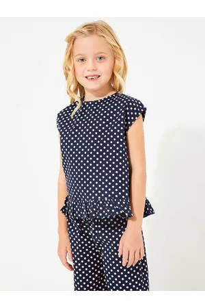 Cherry Crumble Girls Navy Blue & Off White Polka Dot Printed Clothing Set
