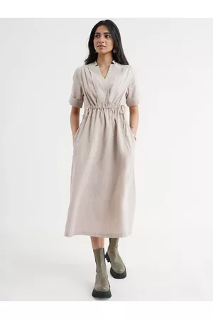FableStreet Women Beige Linen Formal Fit and Flare Midi Dress