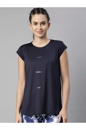 ENAMORA Women Navy Blue Typography Printed Extended Sleeves Antimicrobial Outdoor T-shirt
