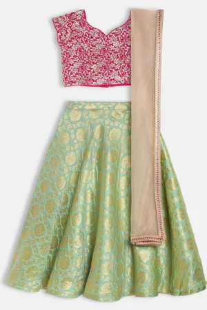 Ethnovog Girls Green Pink Embroidered Thread Work Ready to Wear Lehenga Set